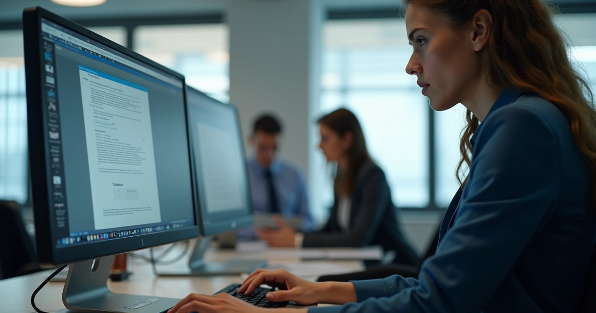 Empleado observando una computadora con documentos confidenciales, otros compañeros al fondo, ambiente de oficina 