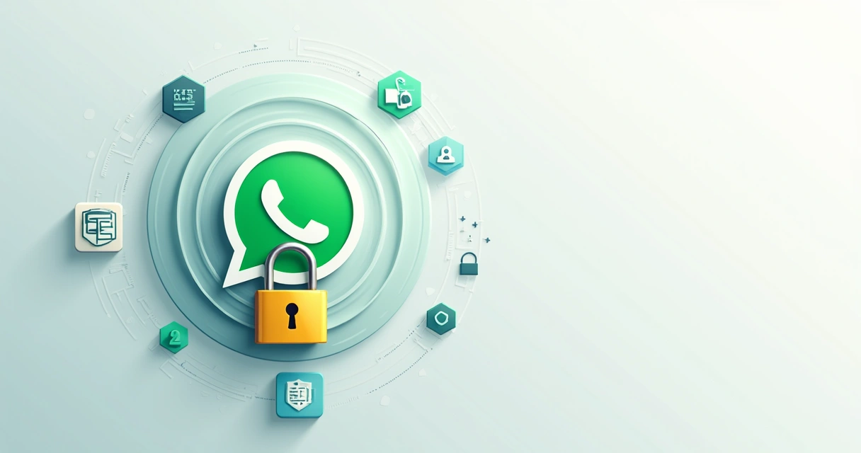 Símbolo do WhatsApp envolto por cadeado e camadas de proteção digitais 
