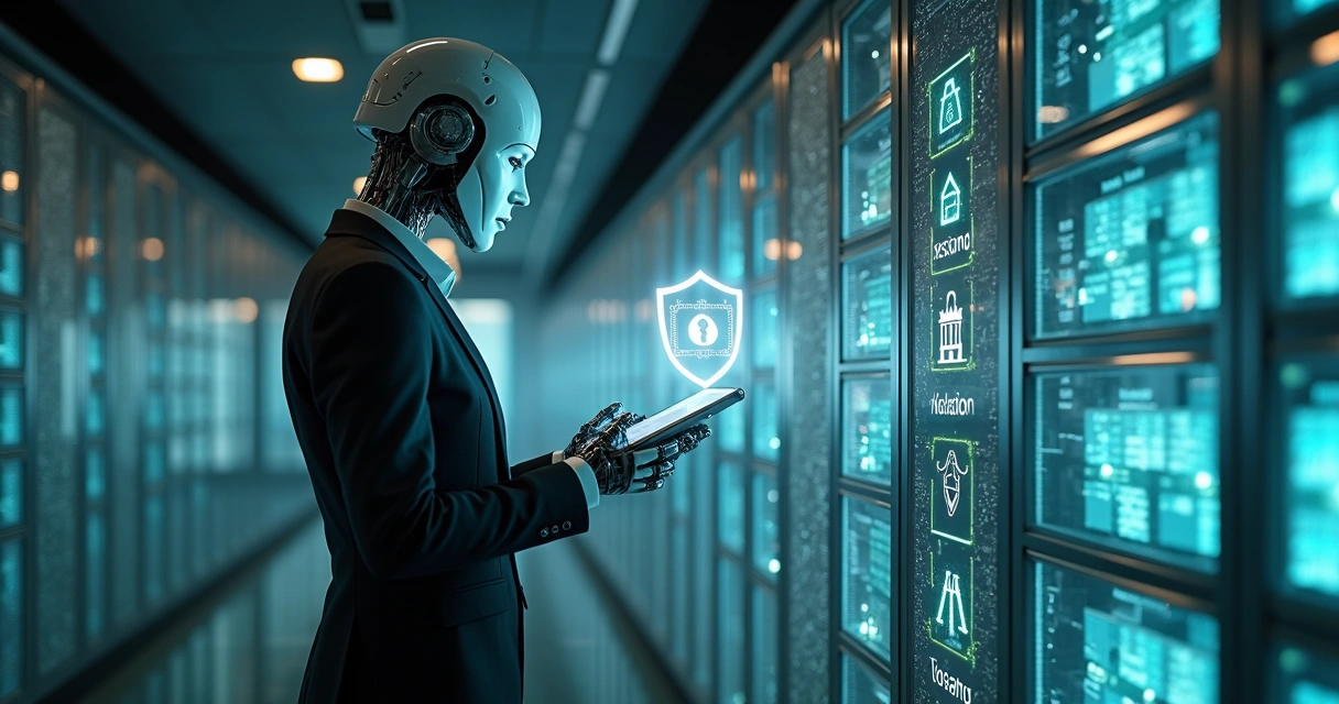 Robô e auditora diante de cofres de dados digitais 