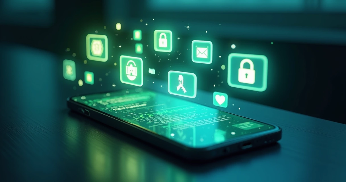 Smartphone mostrando conversa no WhatsApp com ícones de segurança e privacidade digitais ao redor