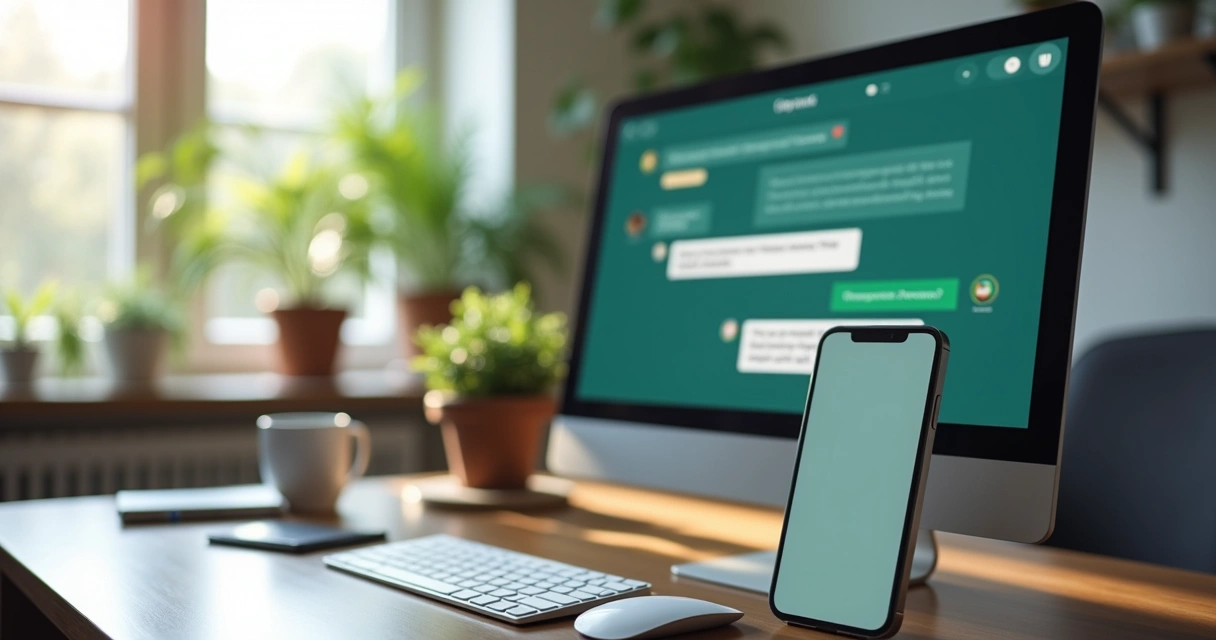 Mesa com computador aberto exibindo conversa de chat empresarial