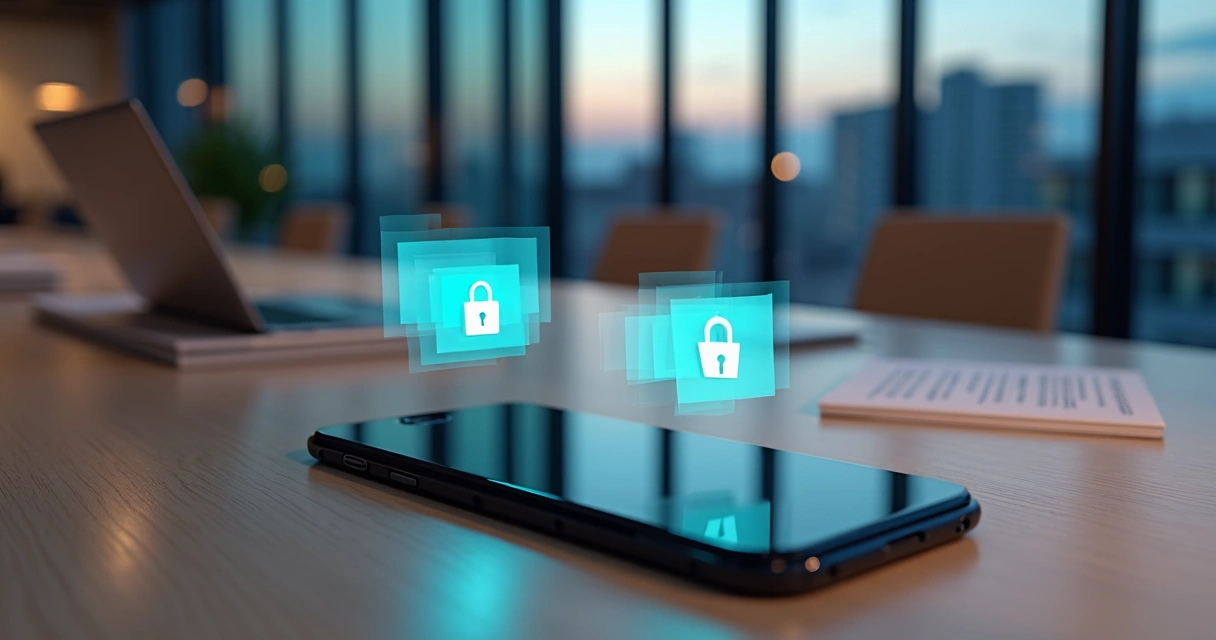 Conversa com chatbot vista em smartphone com ícones de cadeado simbolizando privacidade de dados 