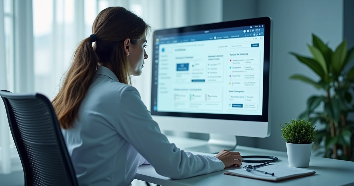 Profissional da área médica revisando painel on-line de privacidade 