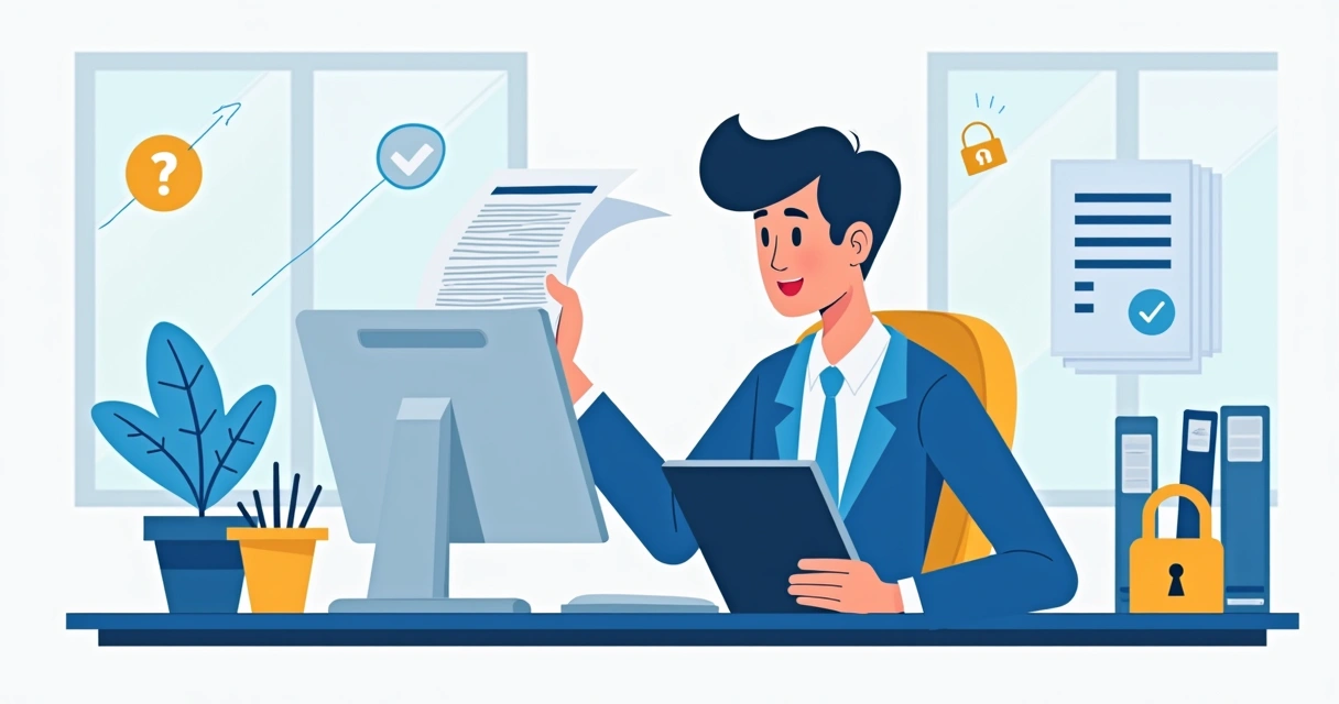 Profissional de segurança analisando política de privacidade em um escritório 