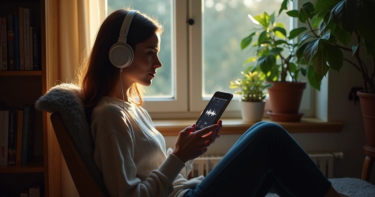 Pessoa ouvindo tarot por áudio em local privado 