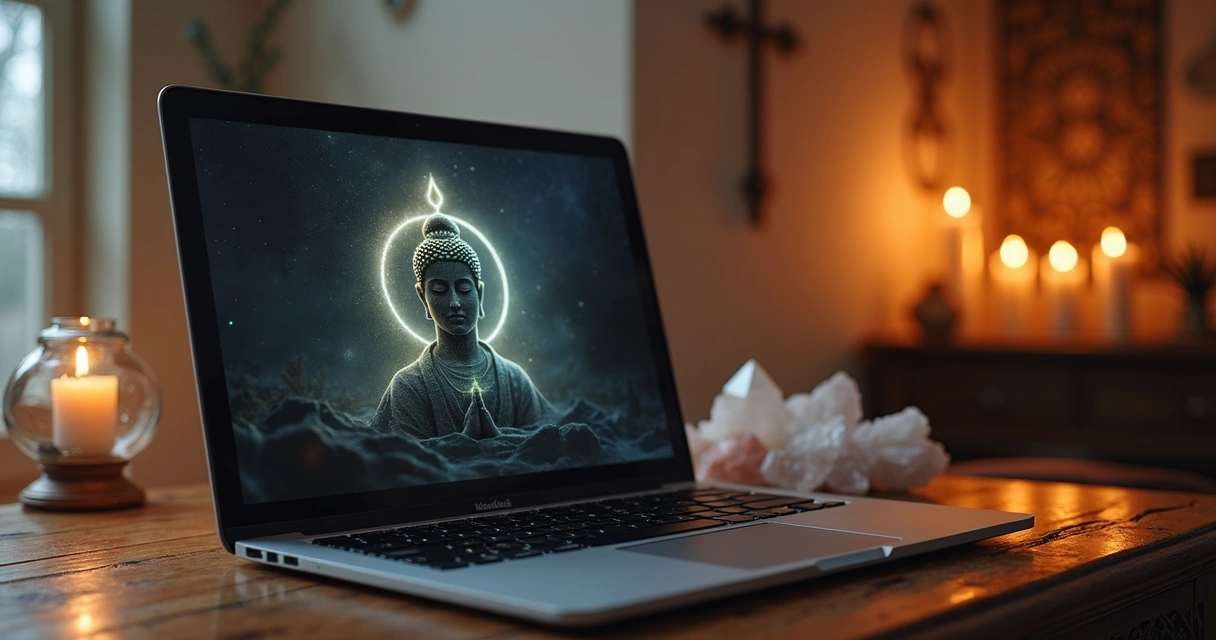 Laptop com tela de chat privado e símbolos espirituais ao fundo, privacidade destacada 