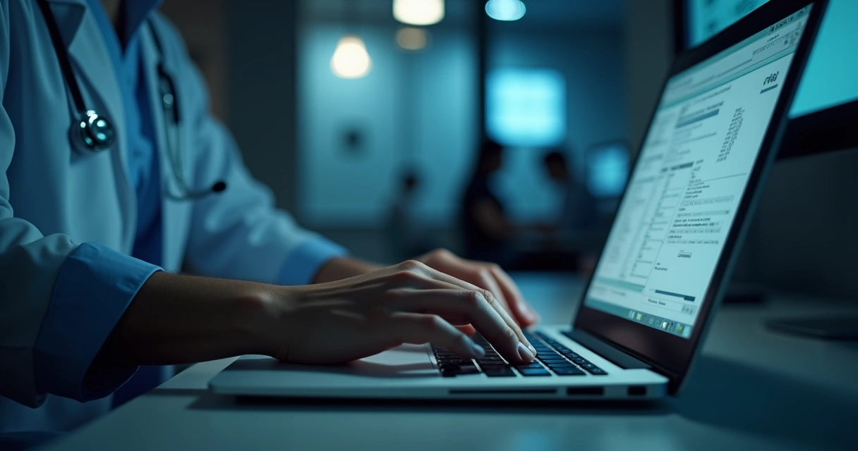 Mãos digitando discretamente em notebook em ambiente reservado 