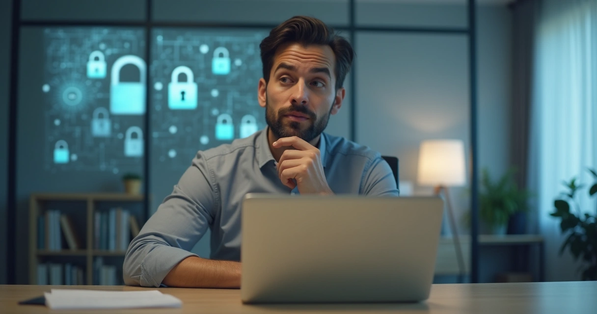 Empreendedor refletindo em frente ao notebook sobre privacidade de dados bancários