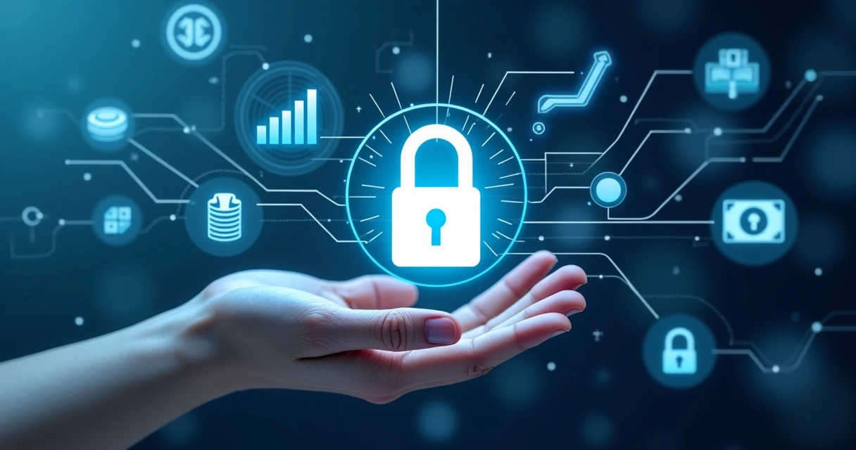 Pessoa protegendo dados financeiros com cadeado virtual 