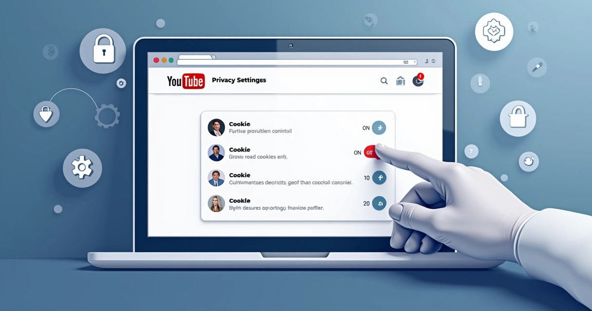 Usuário ajustando configurações de privacidade do YouTube em tela com opções de cookies. 