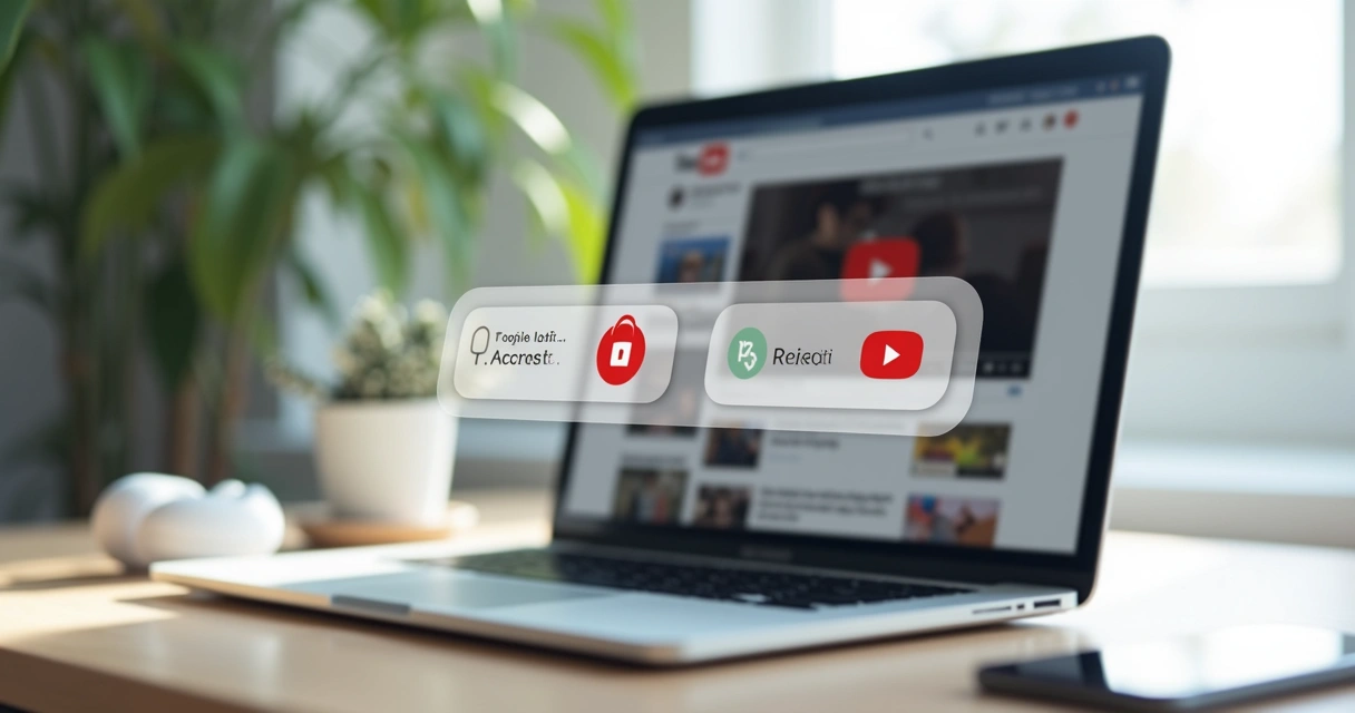 Tela do YouTube em notebook com ícones de cookies e cadeado representando privacidade de dados 