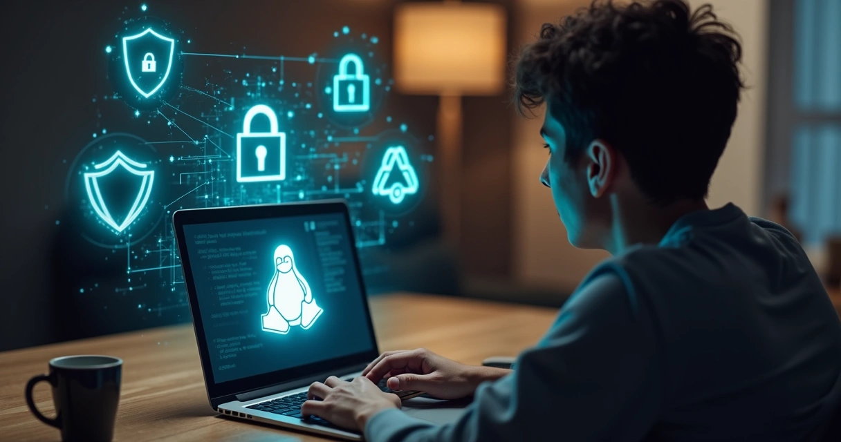 Pessoa programando em laptop com o logo do Linux e ícones de privacidade