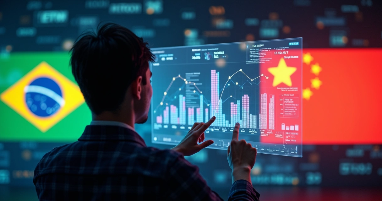 Pessoa analisando dados em tela digital transparente com bandeiras do Brasil e China ao fundo 
