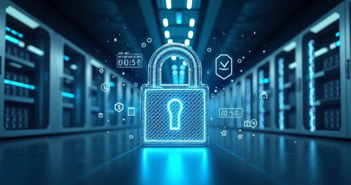 Ilustração de servidor com cadeado representando segurança de dados financeiros 