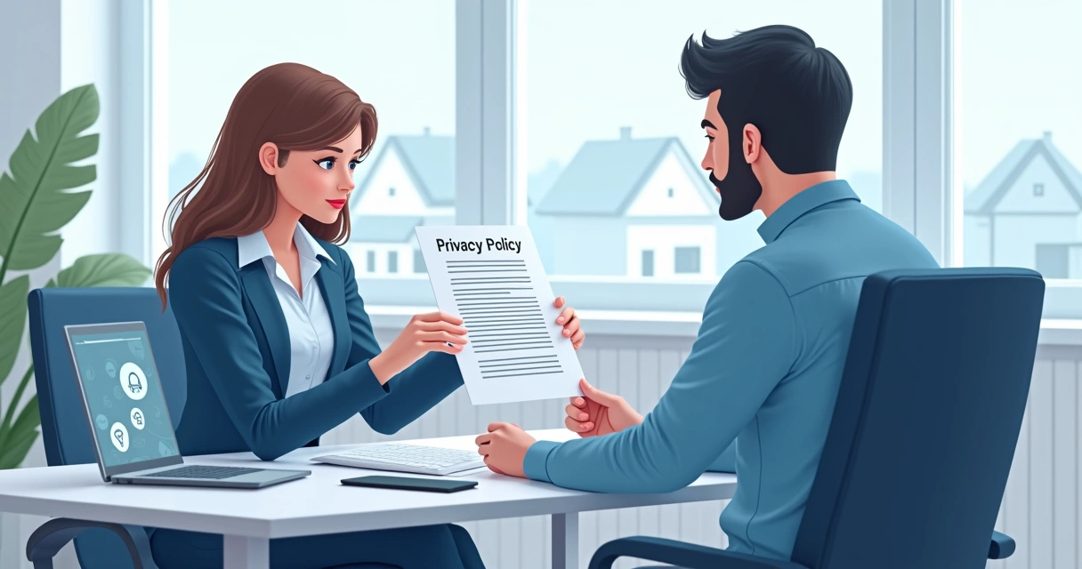 Corretor imobiliário apresentando política de privacidade para cliente 