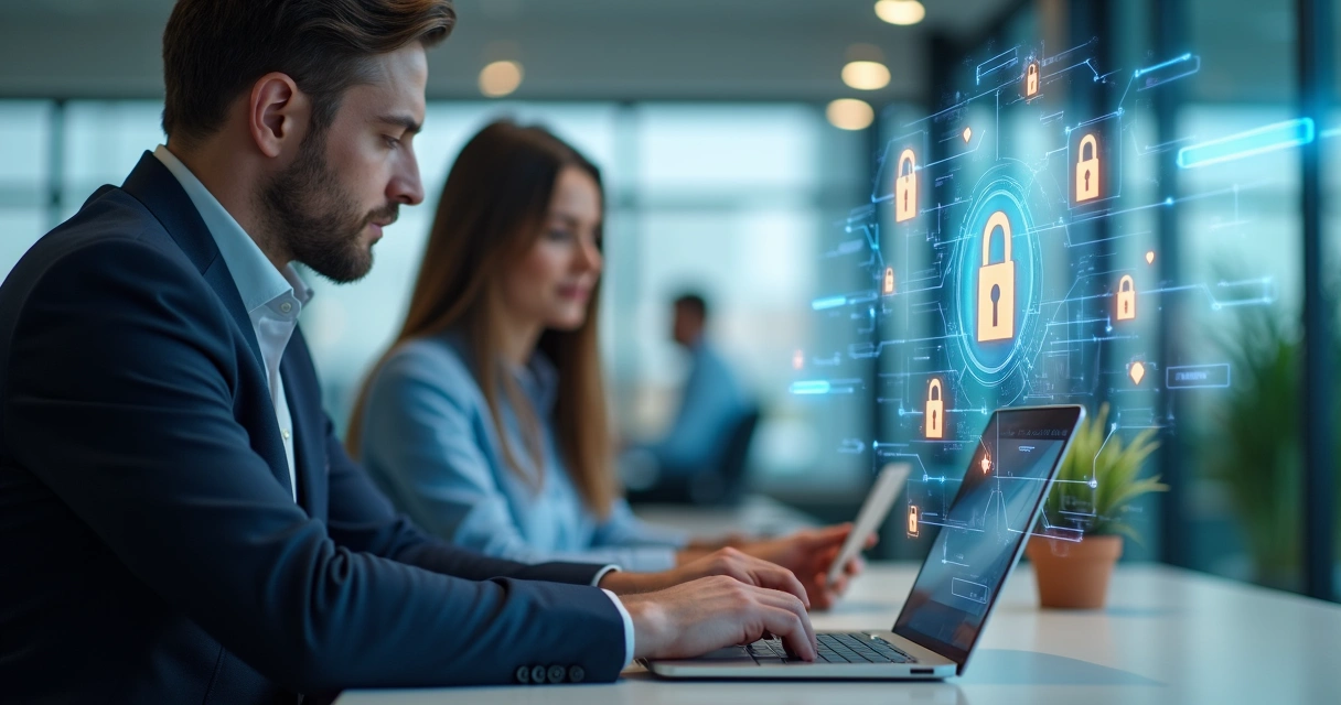 Profissional em coworking digitando em notebook, com ícones de segurança digital ao lado indicando privacidade 