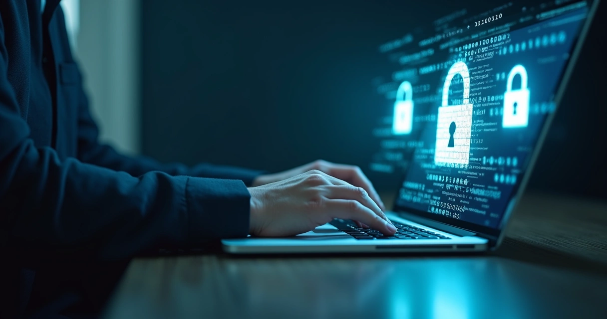 Pessoa digitando em laptop com simbolismo de cadeado digital flutuando na tela