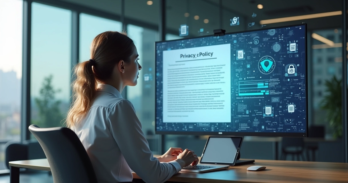 Profissional analisando política de privacidade digital em ambiente de escritório 