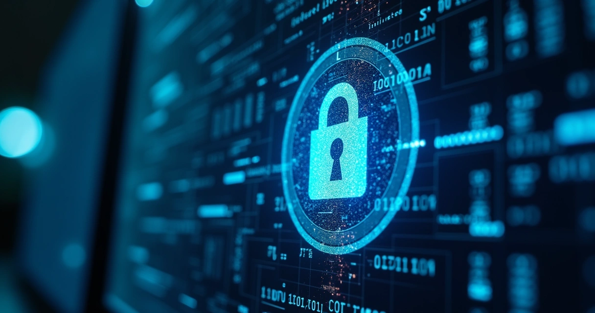 Tela de computador mostrando ícones de cadeado e dados protegidos por IA