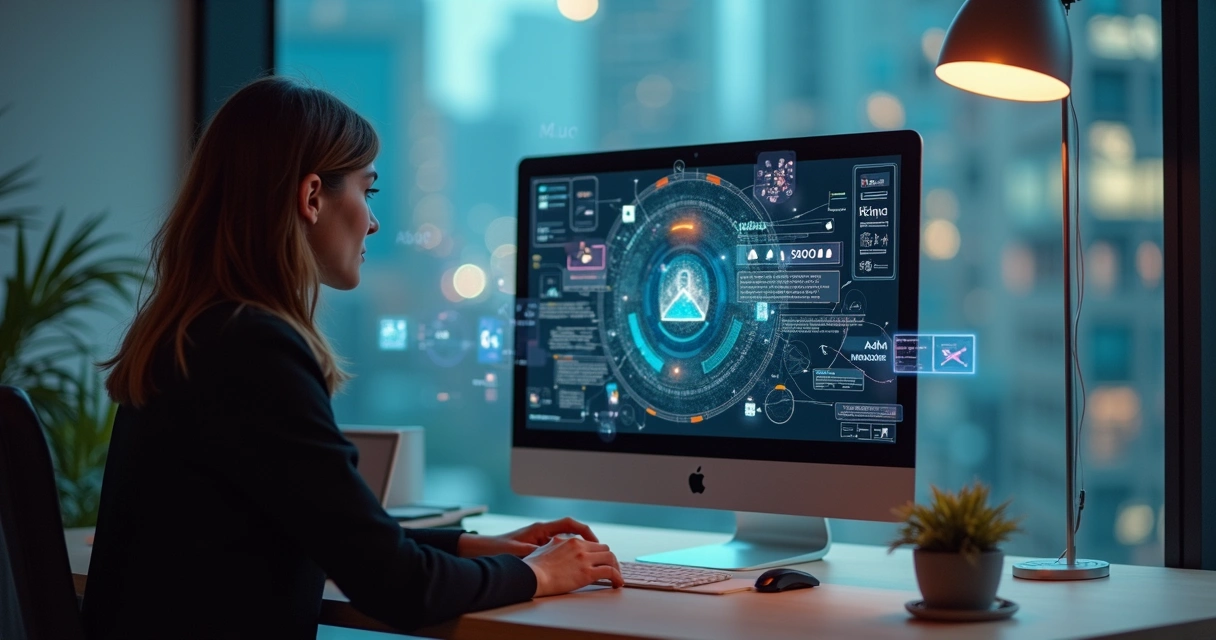 Pessoa interagindo com assistente virtual enquanto informações digitais giram ao redor 