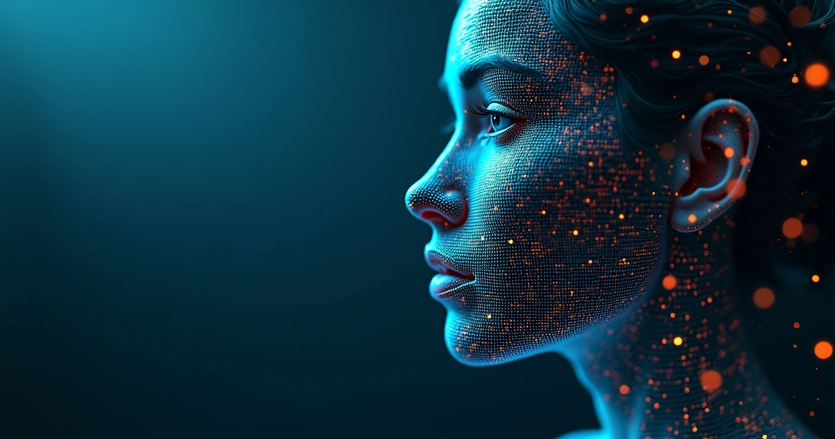 Rosto feito de mosaico de dados anônimos se dissolvendo em pontos de luz 