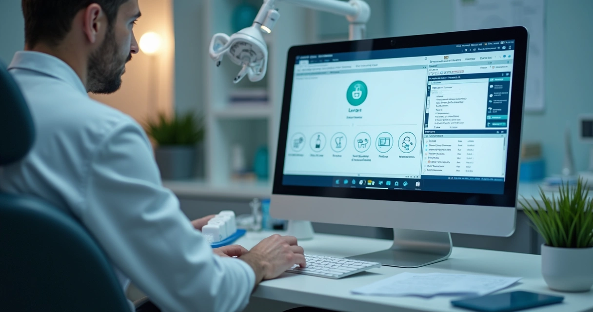 Tela de computador mostrando símbolos de cadeado e ícones de privacidade ao lado de gráficos odontológicos