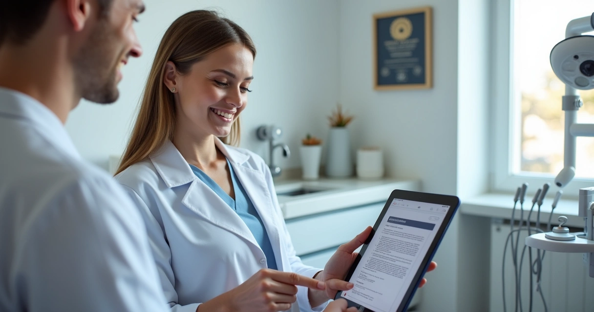 Paciente odontológico assinando consentimento digital em tablet 