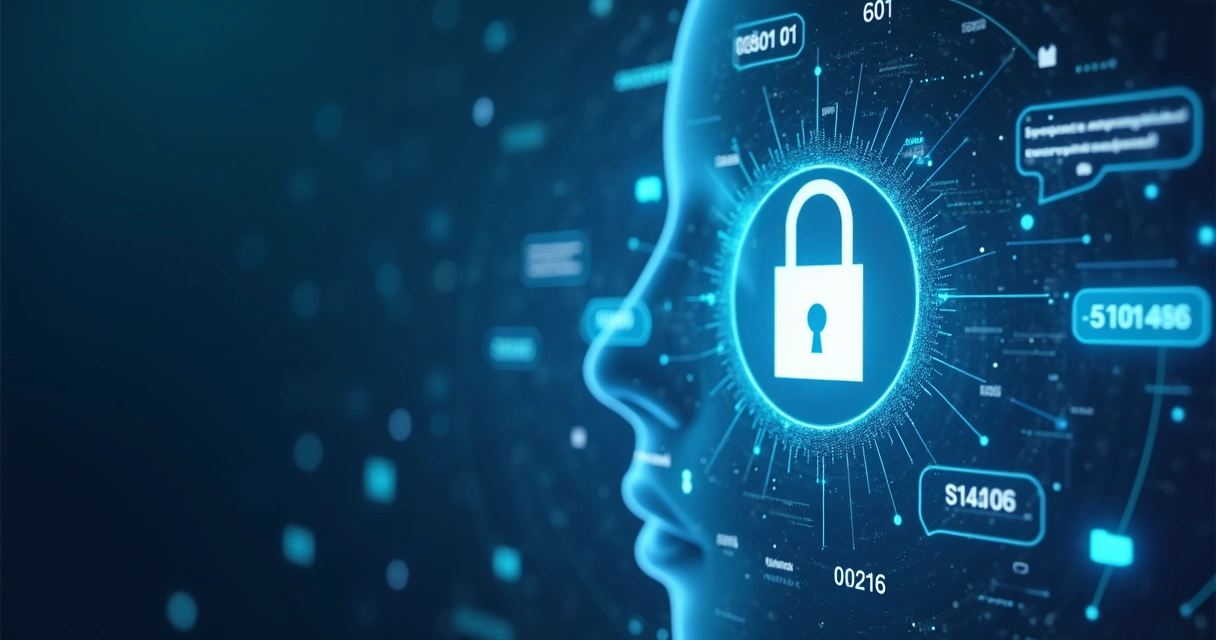 Representação digital de dados protegidos por criptografia, com ícones de cadeado e linhas de código 