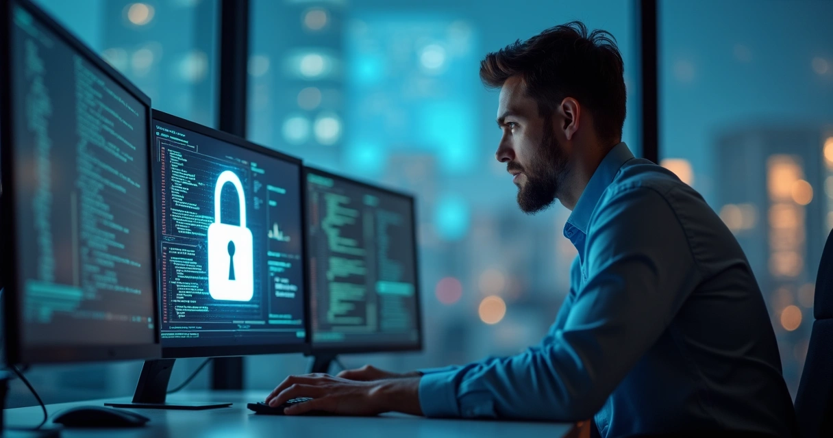 Homem analisando dados financeiros em tela com cadeado de segurança digital ao fundo 
