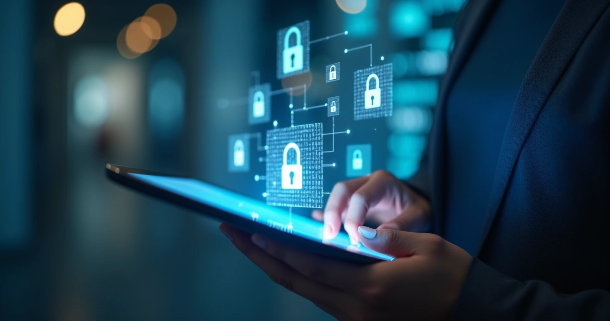 Pessoa utilizando um tablet com símbolos de cadeado e dados digitais flutuando na tela. 
