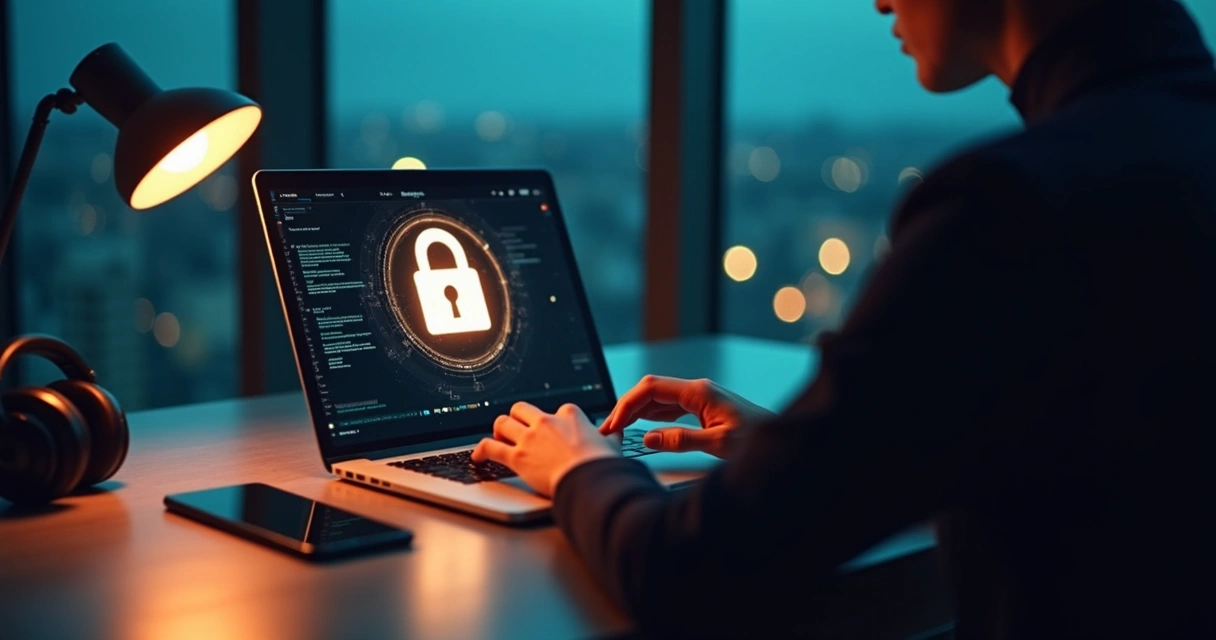 Profissional de bem-estar usa notebook com cadeado digital brilhando na tela em ambiente discreto 