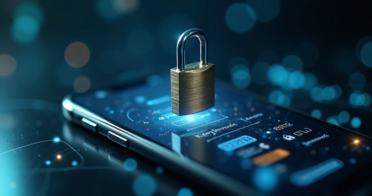 Cadeado sobre interface digital com dados pessoais desfocados 