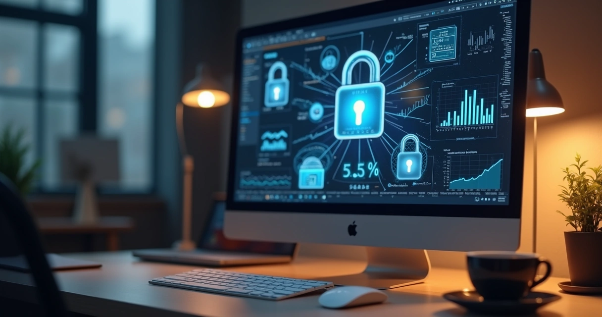 Ambiente de escritório digital com gráficos de dados e elementos de privacidade 