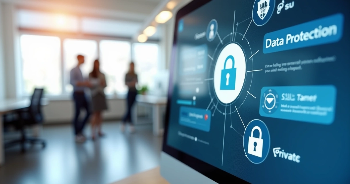 Tela com ícones de privacidade e equipe ao fundo no escritório