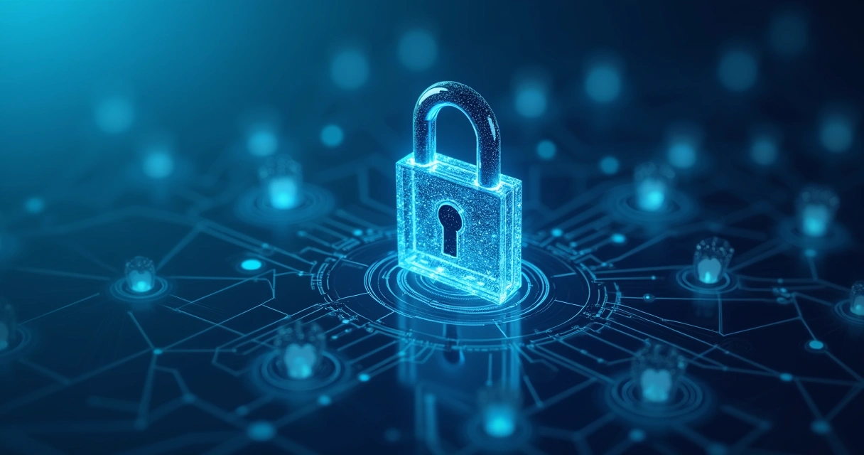 Ícones digitais de cadeado e dados protegidos em tela azul