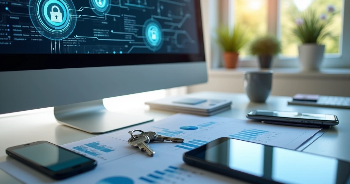 Fluxo seguro de dados imobiliários em tela de computador e celulares