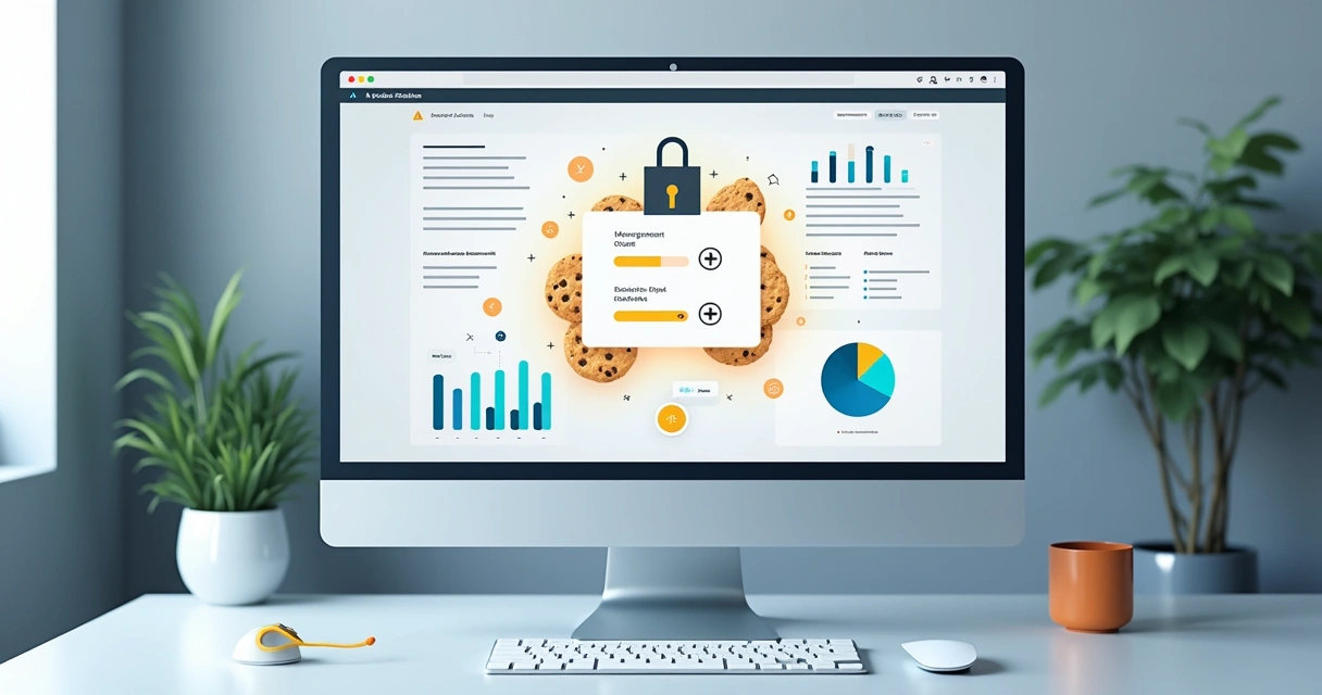 Tela de configuração de privacidade e cookies em computador com gráficos de dados. Cores neutras e elementos tecnológicos. 