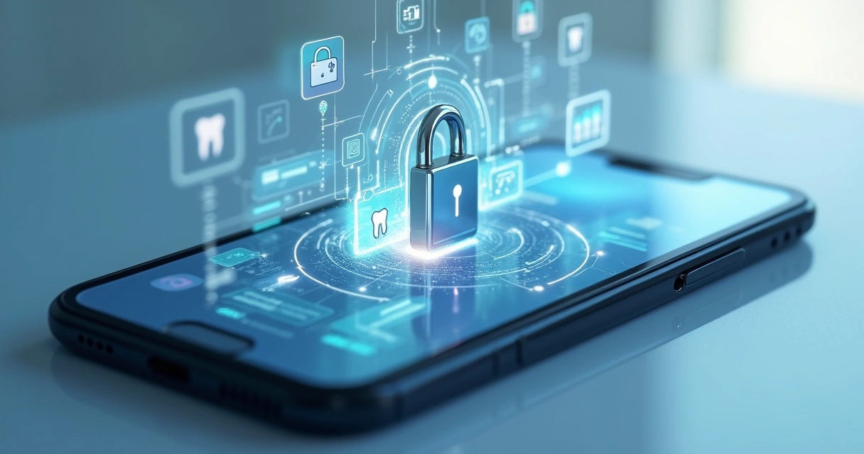 Tela de smartphone com cadeado representando privacidade em grupo de clínica odontológica