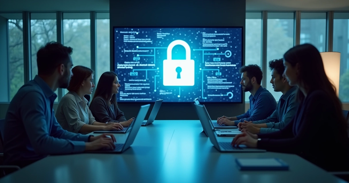 Equipe de TI em sala de reuniões discutindo tópicos de privacidade em ambiente empresarial 