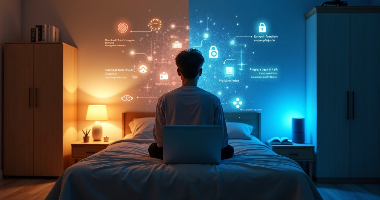 Pessoa em quarto escuro cercada por hologramas de dados pessoais 