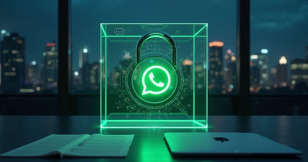 Ícone de WhatsApp protegido por cadeado digital com dados fluindo em segundo plano 