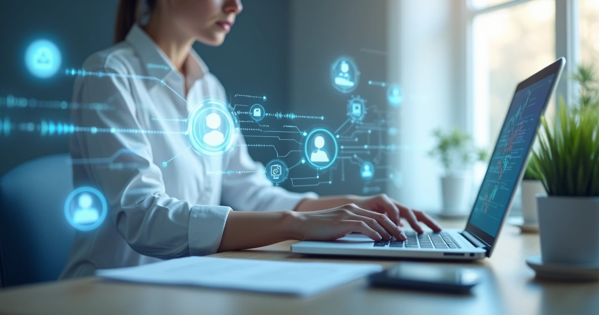 Pessoa digitando em notebook cercada por representações digitais de dados fluindo por todos os lados