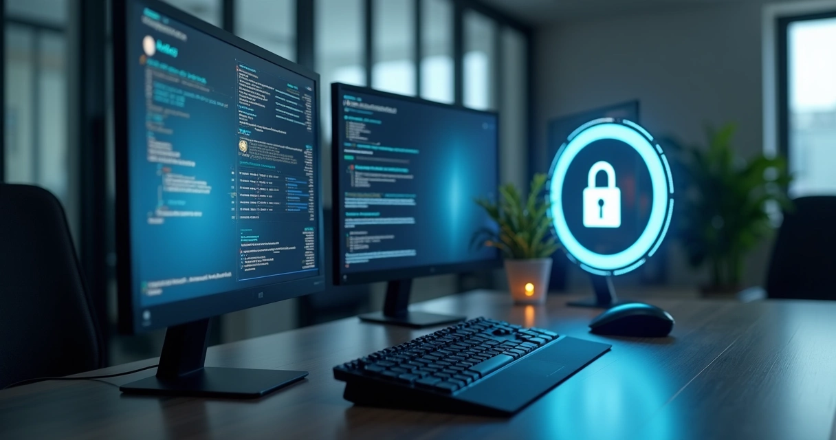 Símbolo de proteção de dados perto de telas de computador empresariais 