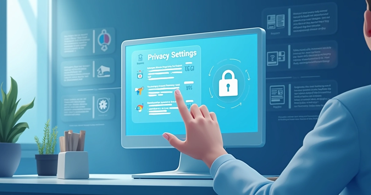 Painel de configurações de privacidade e LGPD, com telas ilustrativas do YouTube em fundo branco e azul claro