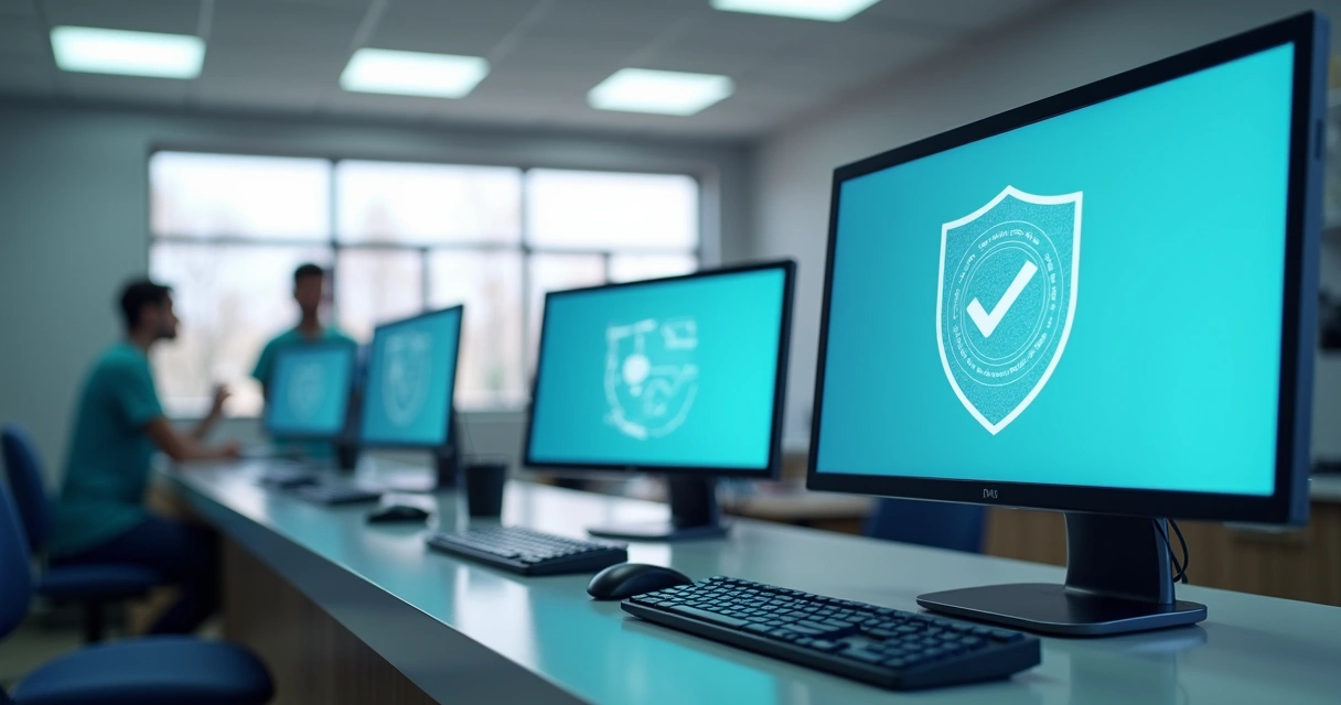 Privacidade digital em clínicas médicas com computadores mostrando alertas de consentimento 