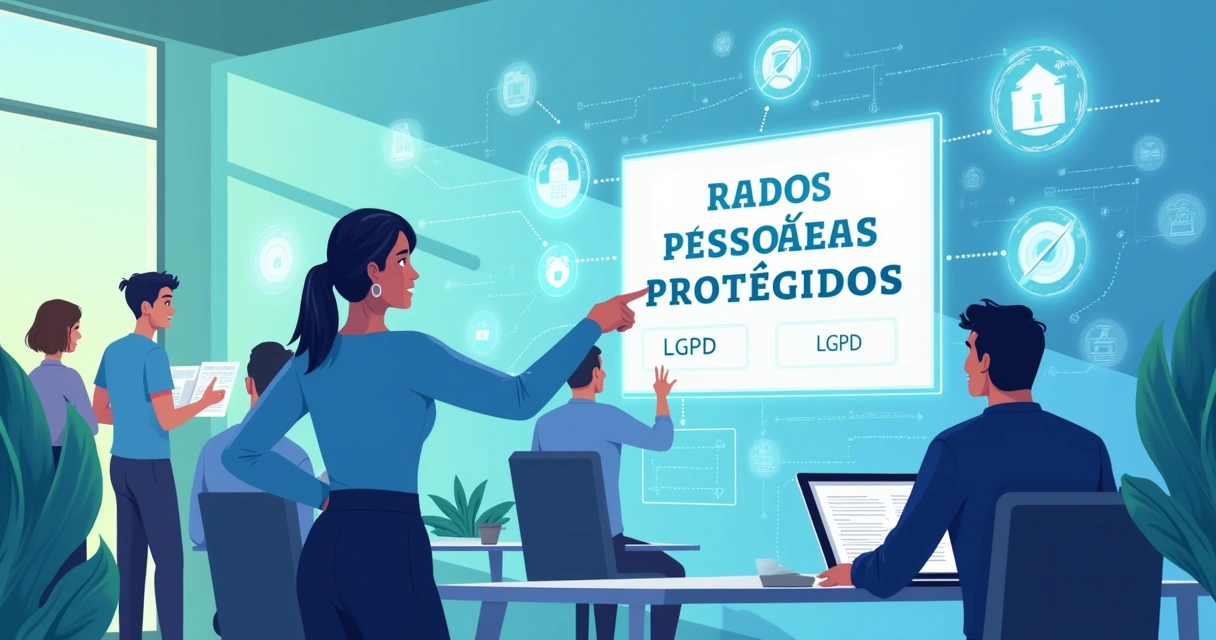 Grupo diversificado em escritório moderno, discutindo direitos de privacidade na era da LGPD.