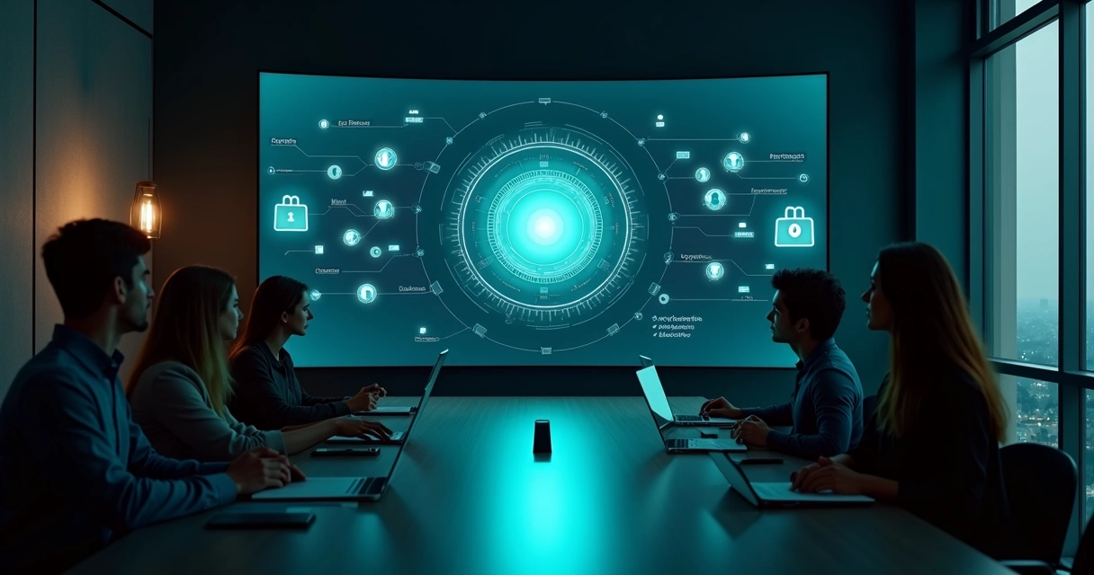 Painel digital com camadas de acesso exibindo silhuetas de equipe ao redor 