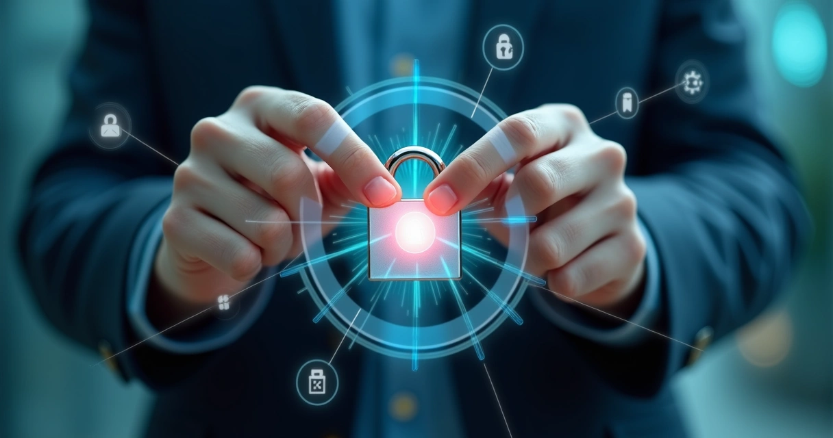 Mãos fechando cadeado em torno de dispositivo digital, proteção e privacidade 