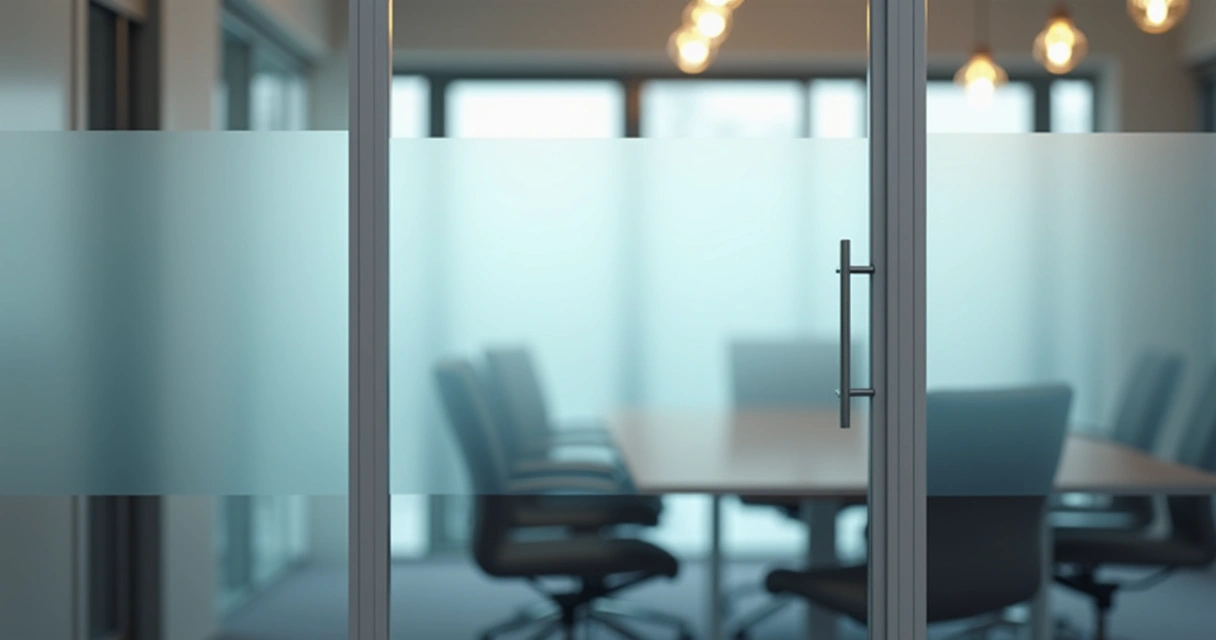 Detalhe de portas de vidro fosco em sala de reunião organizacional, indicando privacidade