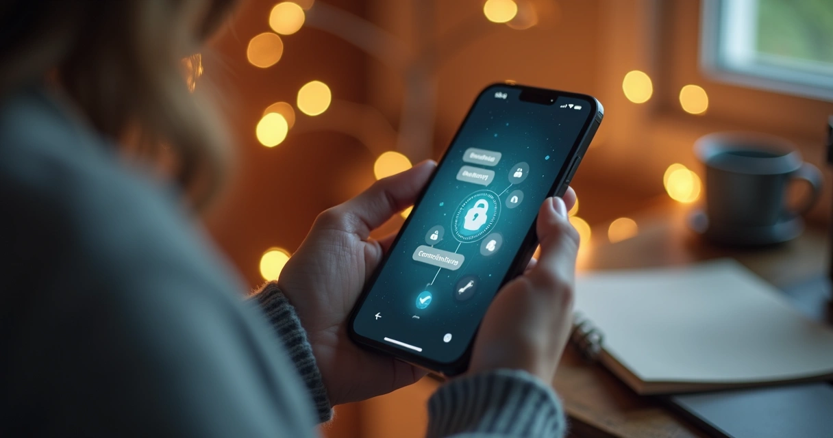 Pessoa usando smartphone em ambiente privado com ícones de cadeado e mensagens seguras na tela 